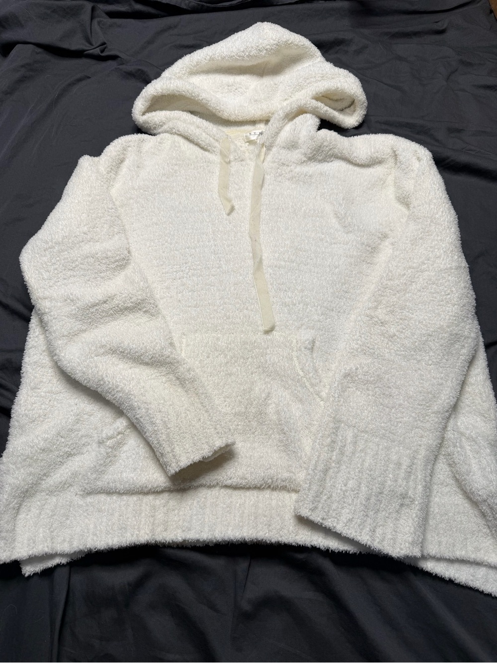 Plush Cream Hooded Pullover Sweatshirt with Kangaroo Pocket